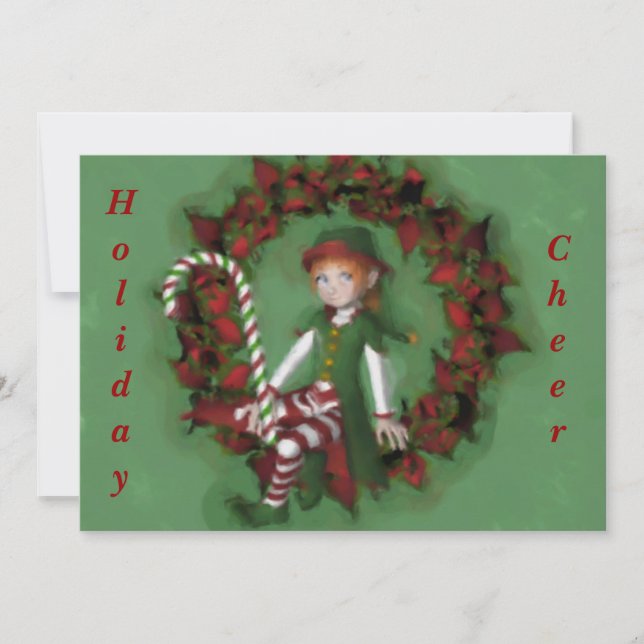 Girl Elf On Wreath Christmas Holiday Invitation (Front)