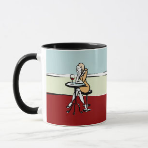 Girl Enjoying Red Wine In A Café Mug