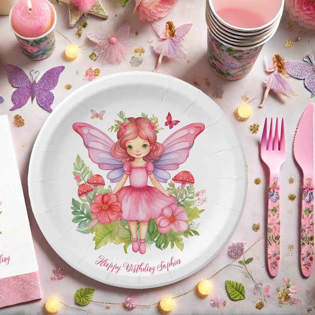 Girl Fairy First Birthday Party Cute Watercolor Paper Plate (Creator Uploaded)