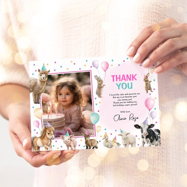 Girl Farm Animals Balloon Confetti Birthday Party Thank You Card (Creator Uploaded)