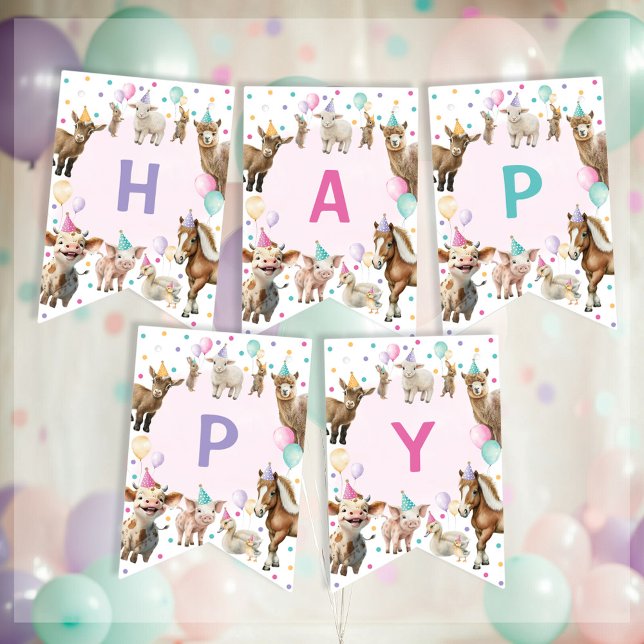 Girl Farm Barnyard Animals Confetti Happy Birthday Bunting Flags (Creator Uploaded)