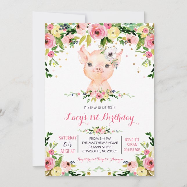 girl farm pig birthday invitation (Front)