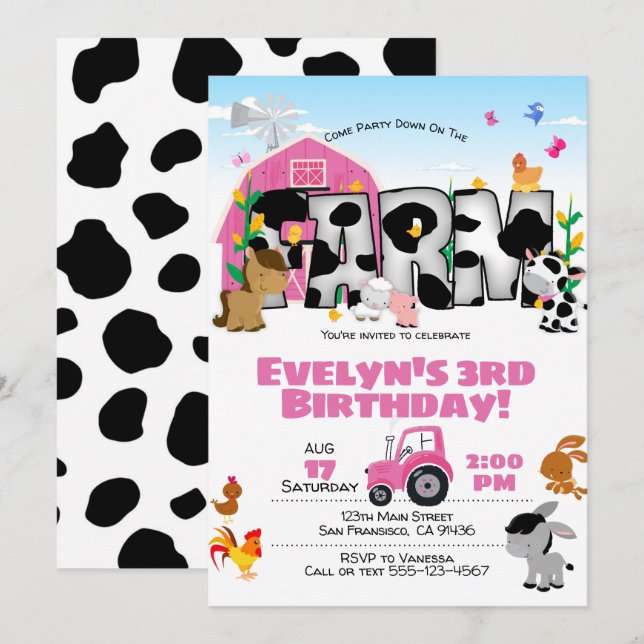 Girl Farm Thématique Anniversaire Fête Invitation (Devant / Derrière)