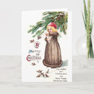 Girl Feeding Birds in the Snow Holiday Card