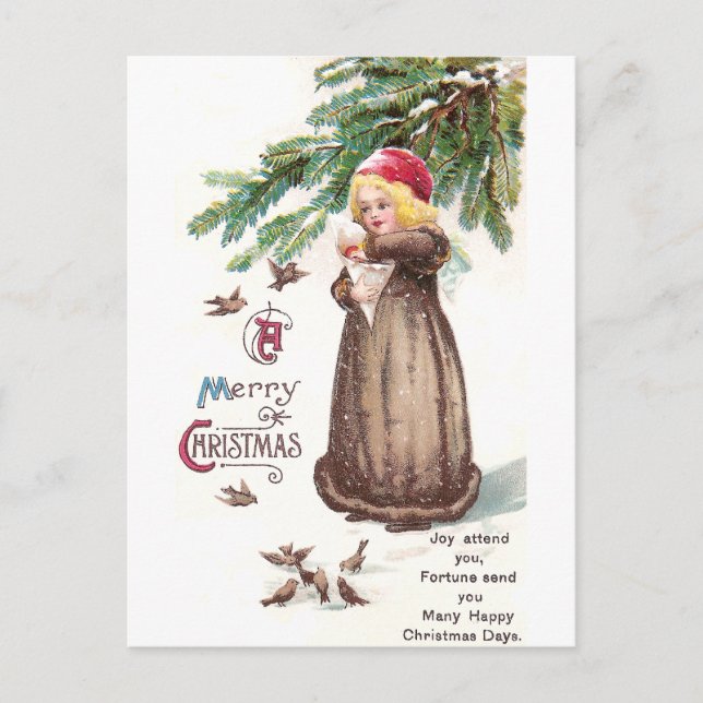 Girl Feeding Birds in the Snow Postcard (Front)