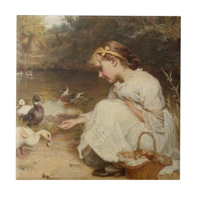Girl Feeding Ducks (by Frederick Morgan) Tile (Front)