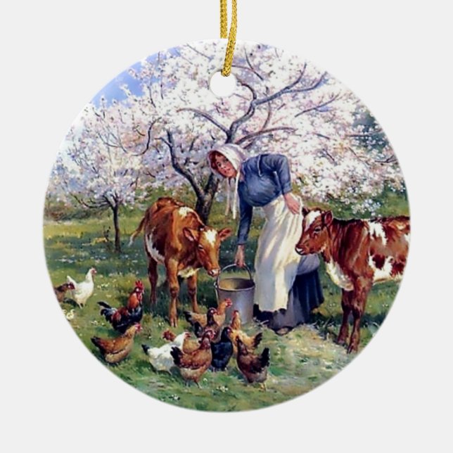 Girl Feeding Farm Animals Painting Ceramic Ornament (Front)