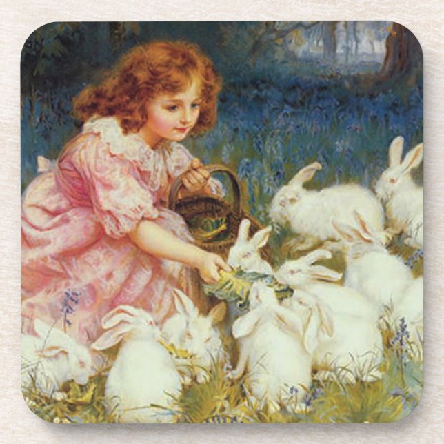 Girl feeding rabbites coaster (Front)