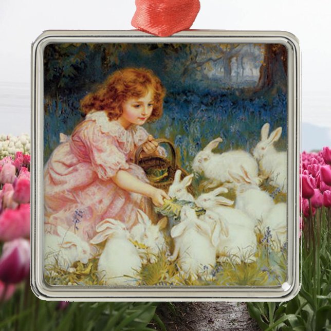 Girl feeding rabbites metal ornament (Creator Uploaded)