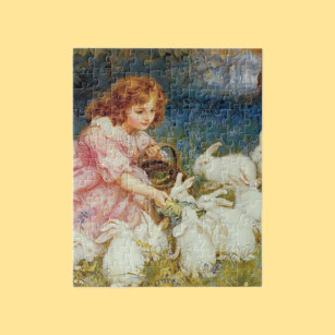 Girl feeding rabbits jigsaw puzzle