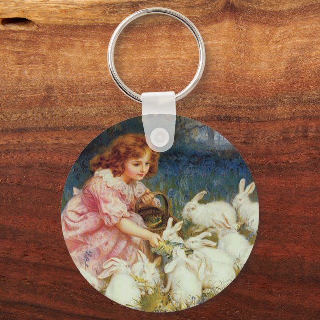 Girl feeding Rabbits Keychain (Front)