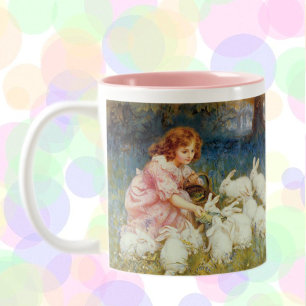Girl feeding Rabbits Two-Tone Coffee Mug