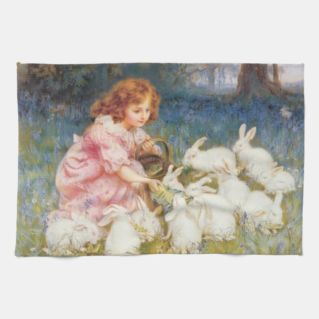 Girl Feeding the Rabbits (by Frederick Morgan) Kitchen Towel (Horizontal)
