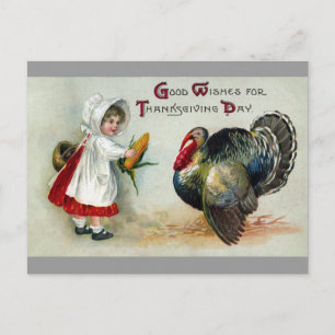 Girl Feeds Corn to Turkey Vintage Thanksgiving Holiday Postcard