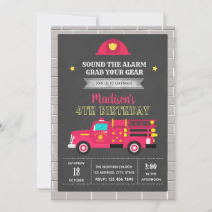 Girl firetruck birthday party invitation