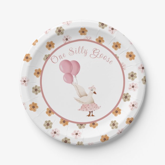 Girl first Birthday One Silly Goose Paper Plates (Front)