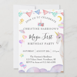 Girl First Birthday Party Magic Unicorn Invitation