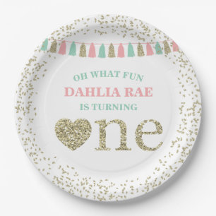 Girl First Birthday Party Plates Pink Mint Gold