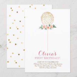 Girl First Birthday Watercolor Gold Balloon Invitation