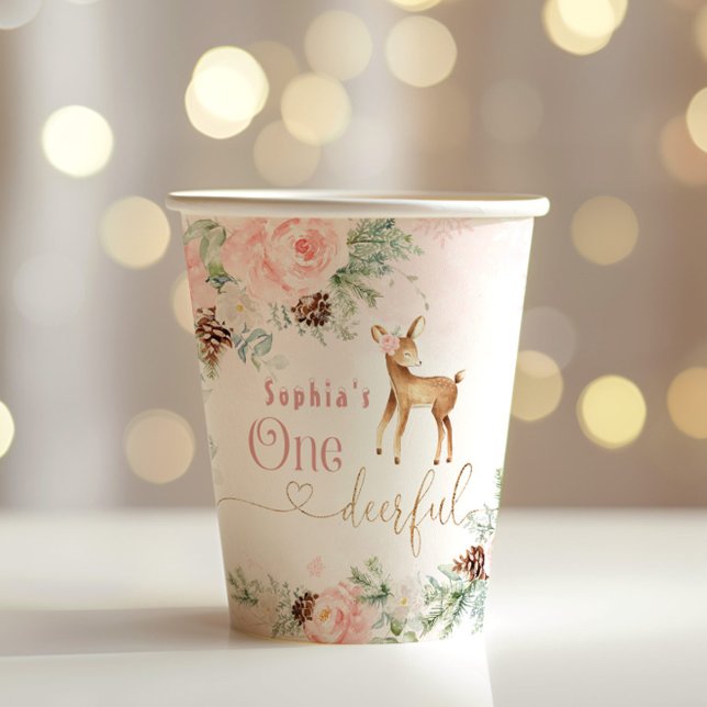 Girl first birthday winter deer blush pink paper cups (Creator Uploaded)