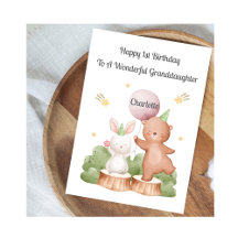 Girl First Birthday Woodland Rabbit Bear Card