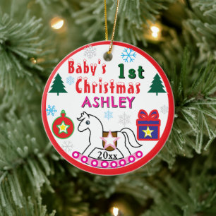 Girl First Christmas PHOTO White Horse  Ceramic Ornament