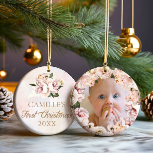 Girl First Christmas Pink Floral Photo Ceramic Ornament