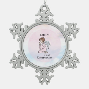 Girl, First Communion Angel Snowflake Pewter Christmas Ornament