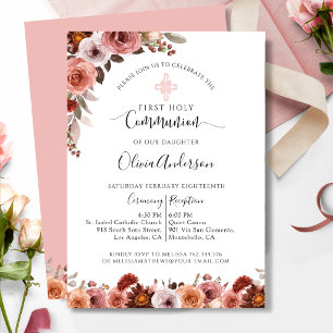 Girl First Communion Blush Pink Floral Invitation