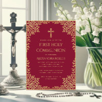 Girl First Communion Burgundy Gold Leaves Vintage