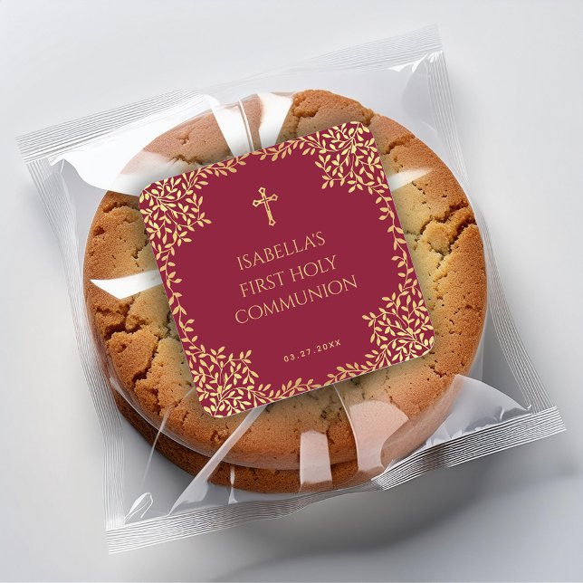Girl First Communion Faux Gold Leaves Burgundy Square Sticker (Creator Uploaded)