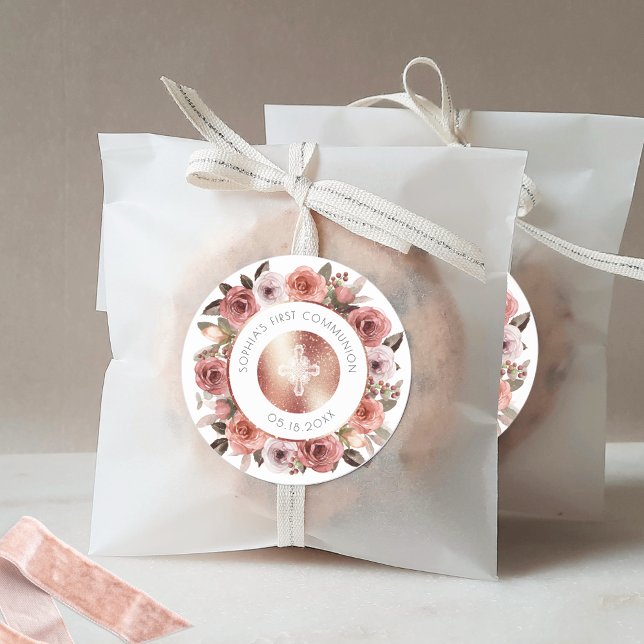 Girl First Communion, Floral Envelope Seal/Favour Classic Round Sticker (Creator Uploaded)