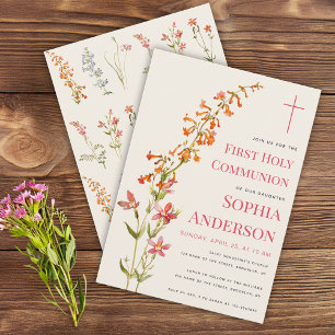 Girl First Communion Floral Watercolor Wildflowers Invitation