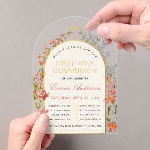 Girl First Communion Gold Arch Wildflowers Floral  Acrylic Invitations