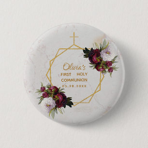 Girl First Communion Gold Burgundy Peonies Marble 2 Inch Round Button