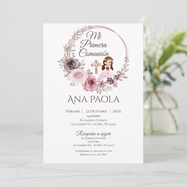 Girl First Communion Invitation in Spanish Boho (Standing Front)