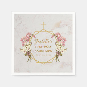Girl First Communion Marble Gold Cross Pink Orchid Napkin