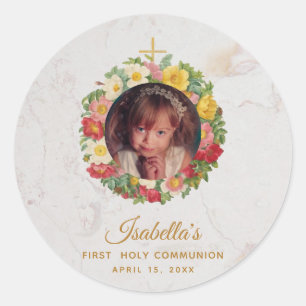 Girl First Communion Marble Photo in Rose Wreath Classic Round Sticker