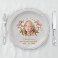 Girl First Communion Photo Marble Pink Orchid Gold