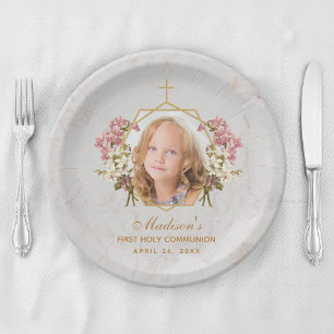 Girl First Communion Photo Marble Pink Orchid Gold Paper Plate