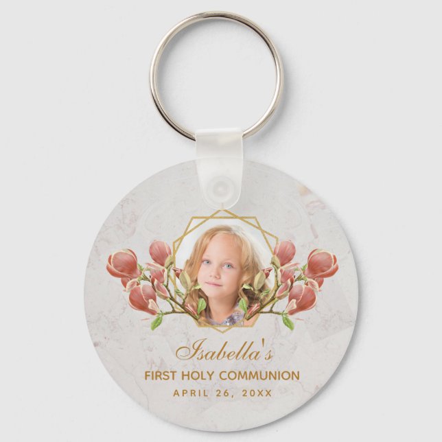 Girl First Communion Photo Pink Magnolia Floral  Keychain (Front)