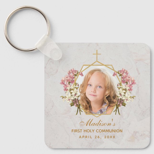 Girl First Communion Photo Pink Orchid Floral Gold Keychain (Front)