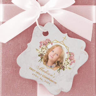 Girl First Communion Photo Pink Orchid Gold Marble Favour Tags