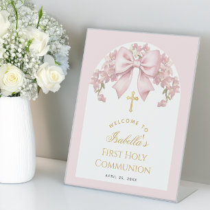 Girl First Communion Pink Bow Floral Arch Welcome Pedestal Sign