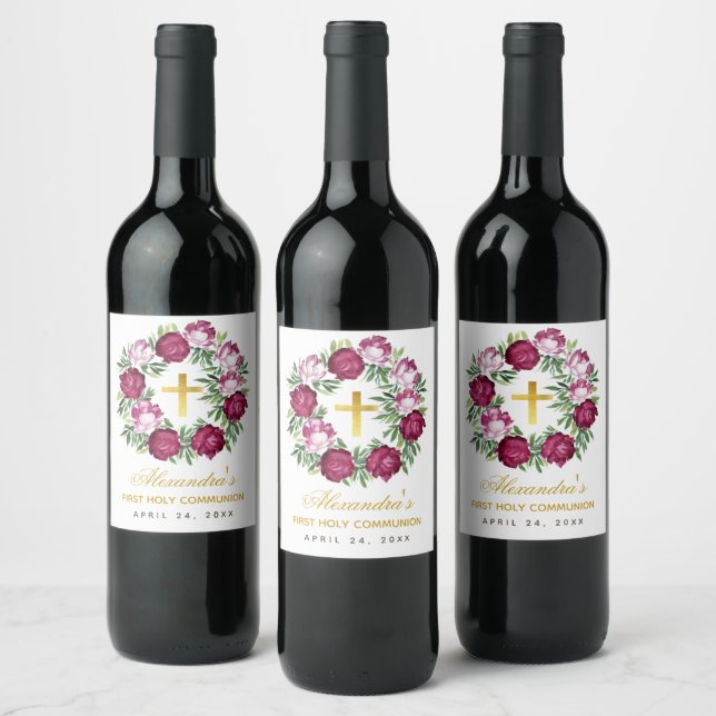 Girl First Communion Pink Burgundy Floral Wreath Wine Label (Bottles)