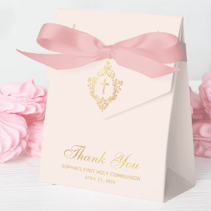 Girl First Communion Pink Faux Gold Vintage Crest Favor Box