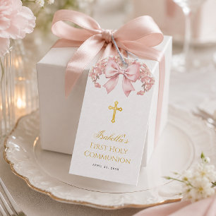 Girl First Communion Pink Floral Bow & Gold Cross Gift Tags