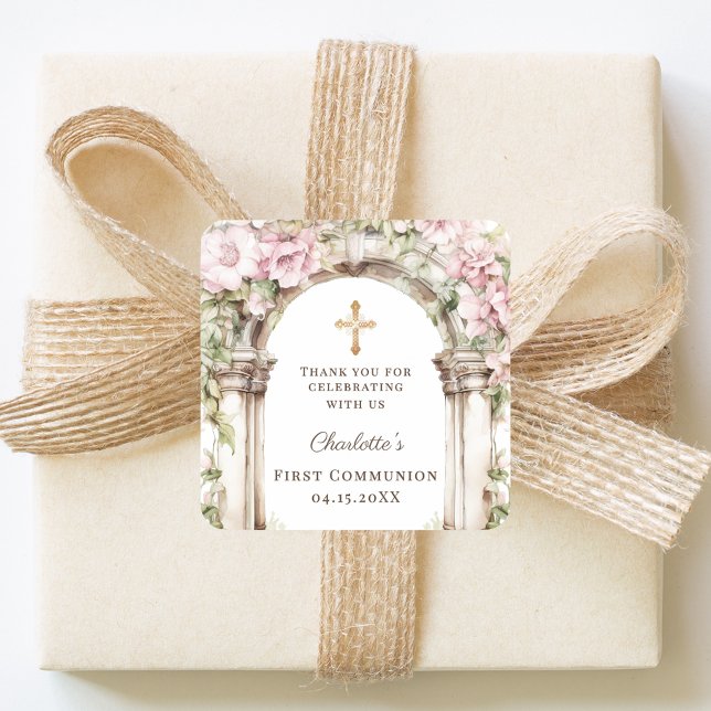 Girl First Communion Pink Florals Arch Cross Square Sticker (Creator Uploaded)