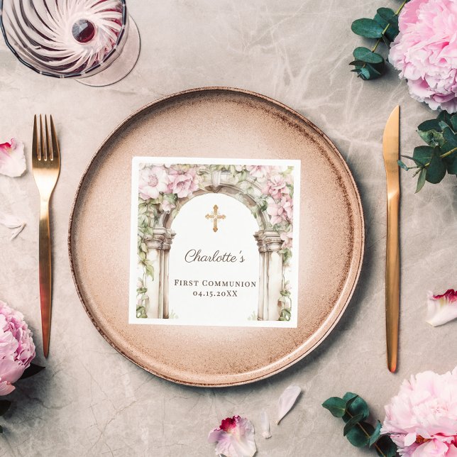 Girl First Communion Pink Florals Arch Gold Cross Napkin (Creator Uploaded)