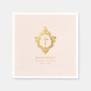 Girl First Communion Pink Gold Cross Vintage Crest Napkin